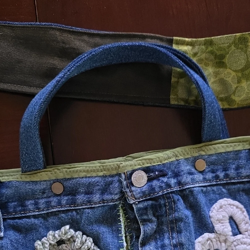 HAND CRAFTED Possible Bag UPCYCLED Blue Denim Jean Crochet Floral 29 X17 Inch - Picture 8 of 15